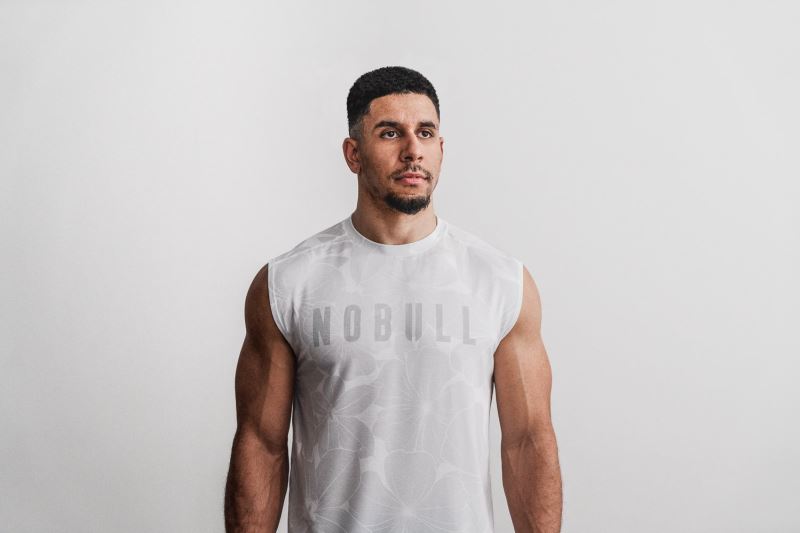 Nobull Sleeveless Hibiscus Men's T Shirts White | 24385ZVTJ