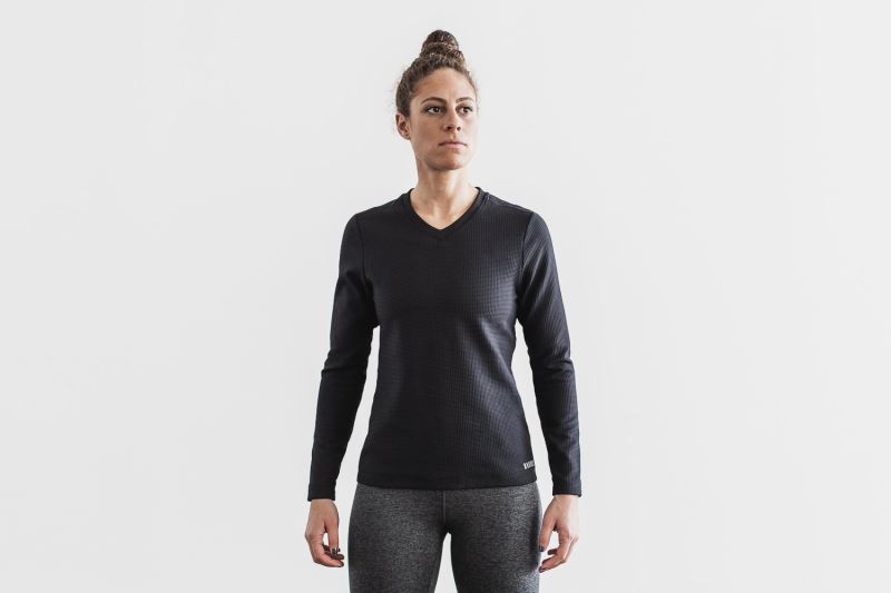 Nobull V-Neck Long Sleeve Waffle Women's Sweatshirt Black | 29487CZEX