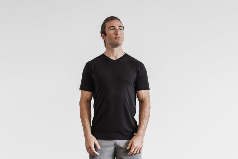 Nobull V-Neck Men's T Shirts Black | 78512WUVJ