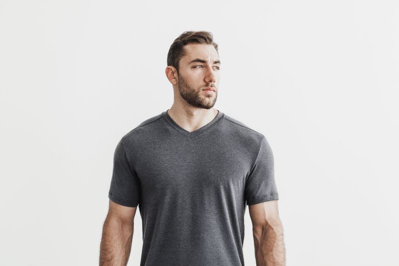 Nobull V-Neck Men's T Shirts Deep Grey | 16958ZTOD