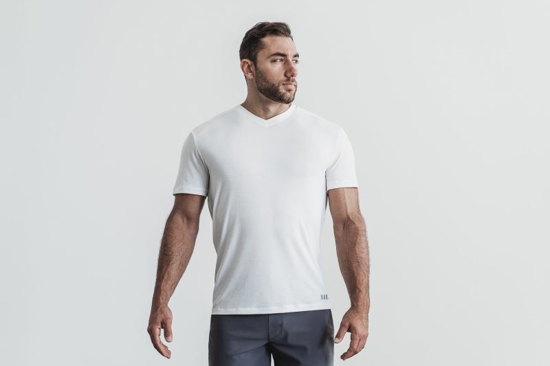 Nobull V-Neck Men's T Shirts White | 01936XFIM